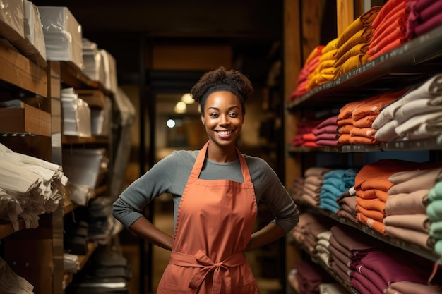 Ritratto di un personale femminile sorridente in grembiule al negozio di abbigliamento Una donna che lavora in un negozio sorride Generata da AI