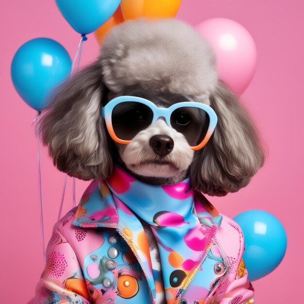 ritratto di un piccolo cagnolino divertente con gli occhiali da sole e il cappello con un papillon su uno sfondo colorato