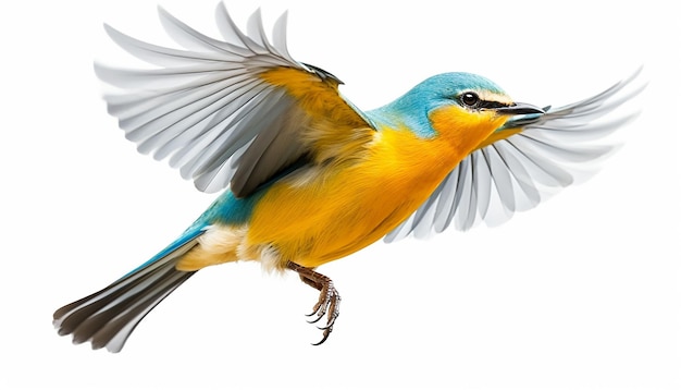ritratto di un piccolo uccello che vola con le ali spalancate e le piume arrossate su uno sfondo bianco isolato