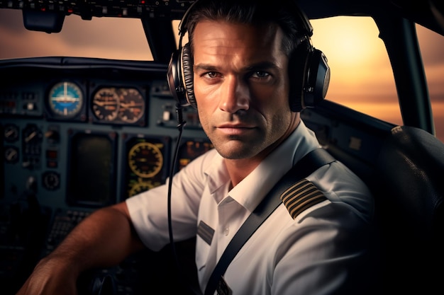 Ritratto di un pilota europeo in un aereo nella cabina di pilotaggio Un pilota sul suo posto di lavoro