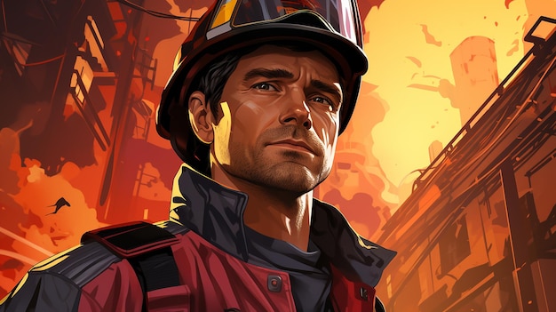 Ritratto di un pompiere in uniforme protettivo e casco Pompiere sullo sfondo di un incendio