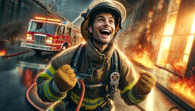 ritratto di un pompiere maschio sullo sfondo di un incendio