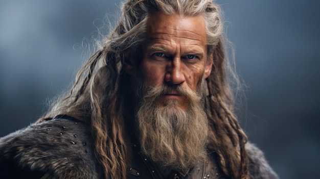 Ritratto di un potente leader vichingo Discendenza norrena Uomo vichingo con barba e trecce nei capelli