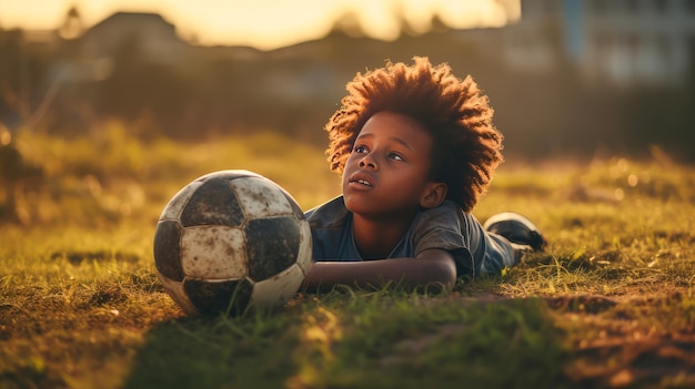 Ritratto di un povero mendicante ragazzo africano nero felice con una palla da calcio sdraiata sull'erba verde