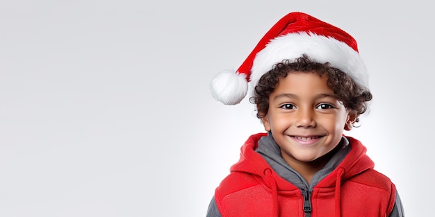 Ritratto di un ragazzino carino che celebra il Natale indossando il cappello di Babbo Natale su sfondo bianco
