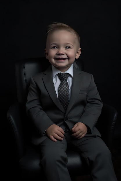Ritratto di un ragazzino carino in giacca e cravatta su sfondo nero IA generativa