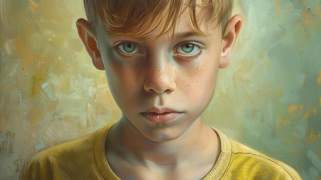 Ritratto di un ragazzino con le freccette e gli occhi verdi indossa una camicia gialla e guarda la telecamera con un'espressione seria