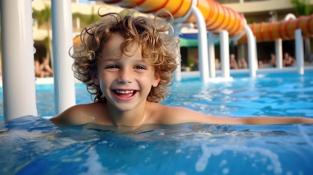 Ritratto di un ragazzino felice in piscina