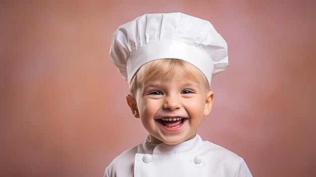 Ritratto di un ragazzino sorridente con un berretto da cuoco su uno sfondo pastello senza schizzi di alta qualità