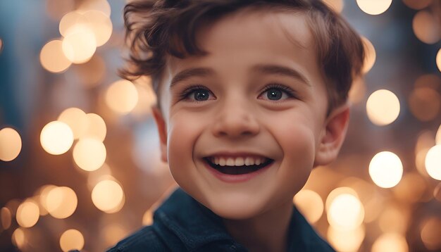 Ritratto di un ragazzino sorridente con una camicia blu sullo sfondo delle luci di Natale