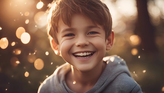 Ritratto di un ragazzino sorridente nel parco al tramonto