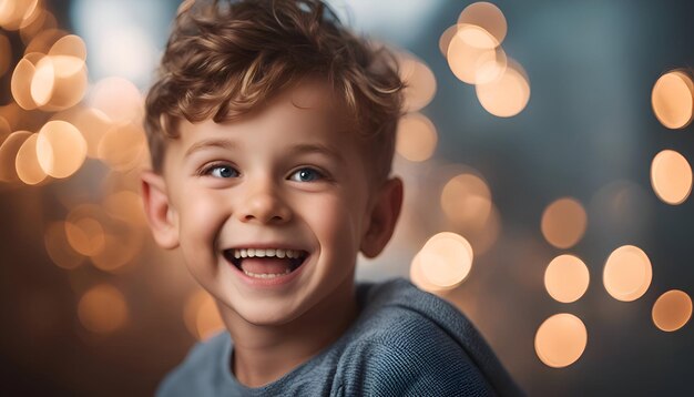 Ritratto di un ragazzino sorridente sullo sfondo delle luci di Natale