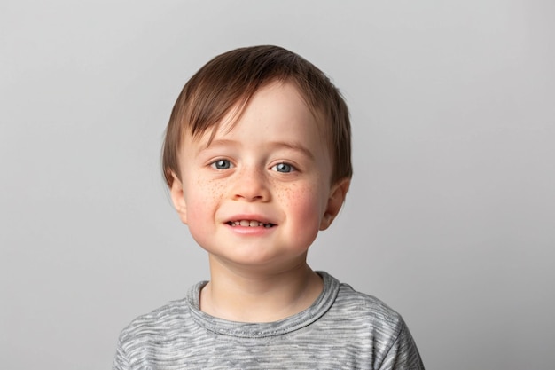 ritratto di un ragazzino sorridente sullo sfondo grigio