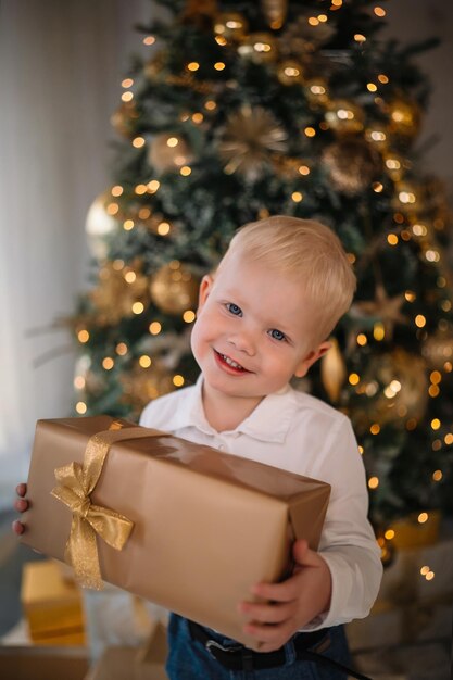 Ritratto di un ragazzo adorabile che tiene in mano una scatola regalo di Natale davanti a un albero di Natale decorativo