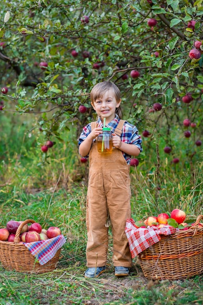 Ritratto di un ragazzo carino in giardino con una mela rossa Raccolta autunnale di mele