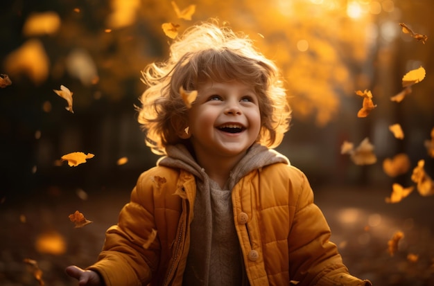 Ritratto di un ragazzo carino tra le foglie d'autunno