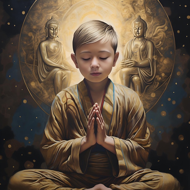 Ritratto di un ragazzo che medita in posizione di loto