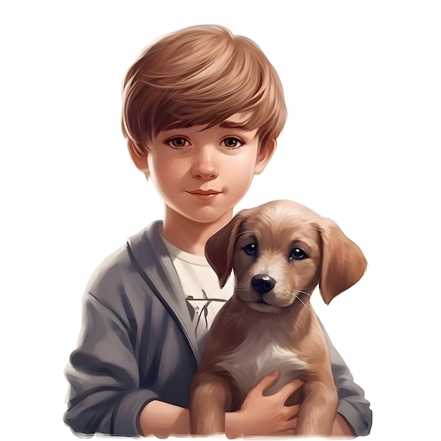 Ritratto di un ragazzo con un cane su uno sfondo bianco