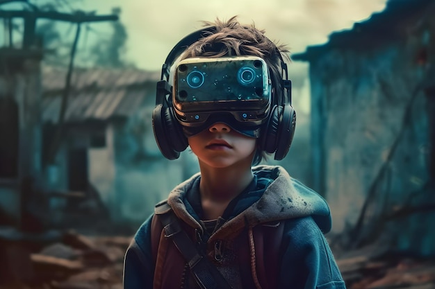 Ritratto di un ragazzo con un casco di realtà virtuale Il concetto di realtà virtual