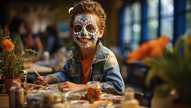 Ritratto di un ragazzo con un dipinto sul viso con un teschio di zucchero