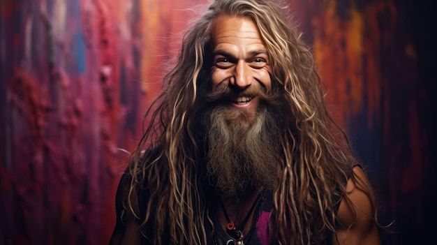 Ritratto di un ragazzo felice che sorride con i capelli lunghi e la barba