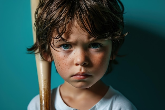 Ritratto di un ragazzo serio, arrabbiato, carino e dagli occhi blu con una mazza da baseball su uno sfondo blu