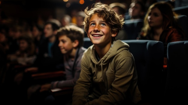Ritratto di un ragazzo sorridente che guarda lo schermo mentre è seduto al cinema