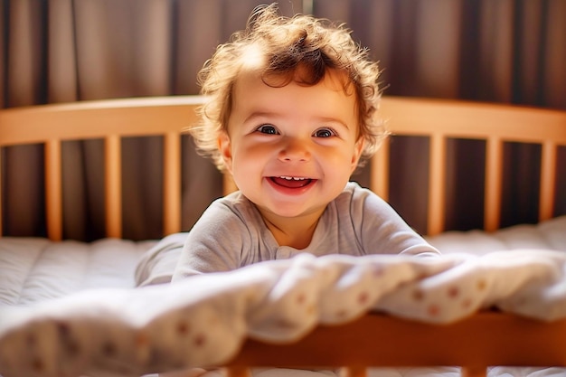 Ritratto di un ragazzo sorridente in una culla a casa