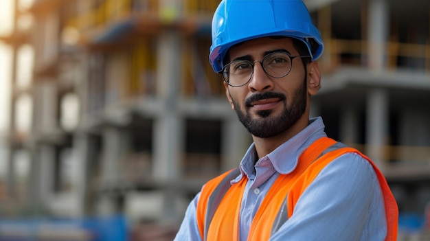 Ritratto di un responsabile del cantiere soddisfatto che indossa un giubbotto di sicurezza e un casco blu con spazio di copia Un giovane architetto del Medio Oriente che guarda il cantiere con fiducia e guarda la telecamera