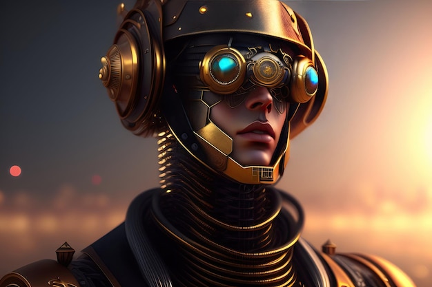 Ritratto di un robot Cyborg in stile Steampunk Illustrazione 3d del concetto di intelligenza artificiale