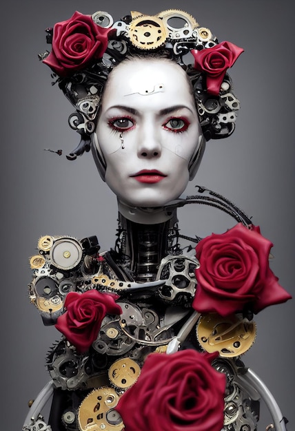 Ritratto di un robot femminile steampunk vittoriano. Fantasia artistica astratta steampunk. Robot d'epoca