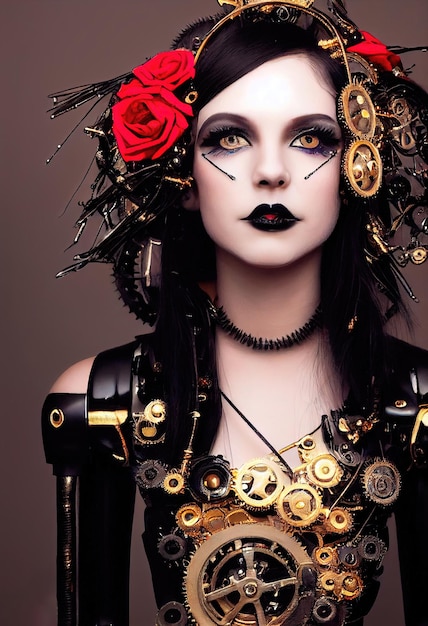 Ritratto di un robot steampunk vittoriano con bel trucco Fantasia steampunk astratta artistica