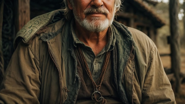 Ritratto di un saggio anziano in cassocca e con i capelli grigi in piedi in una grotta rocciosa con candele e guardando la telecamera
