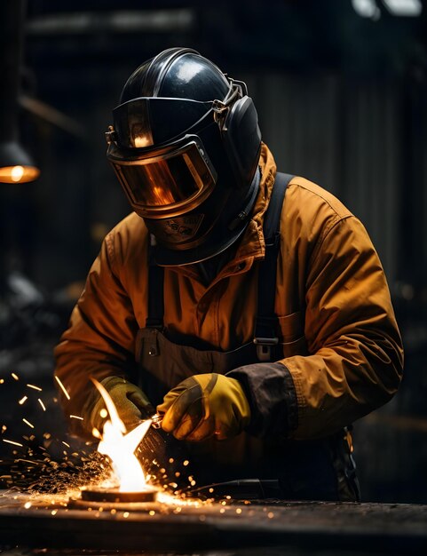 Ritratto di un saldatore che lavora in una fabbrica indossa abiti protettivi e maschera da saldatura