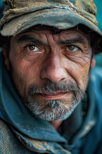 Ritratto di un senzatetto con la faccia sporca nel deserto