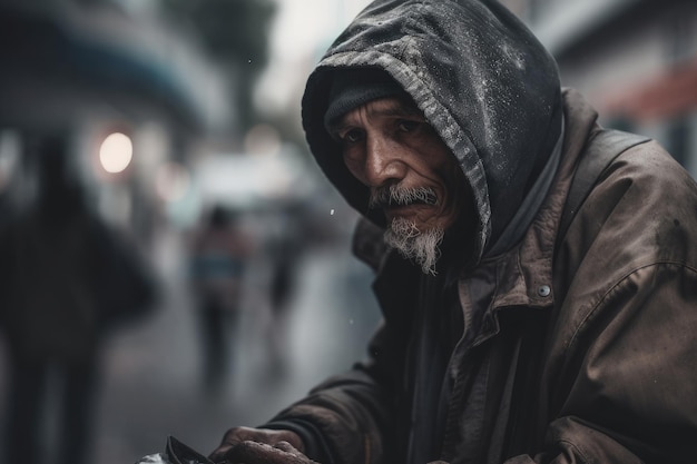 Ritratto di un senzatetto Uomo barbuto invecchiato IA generativa