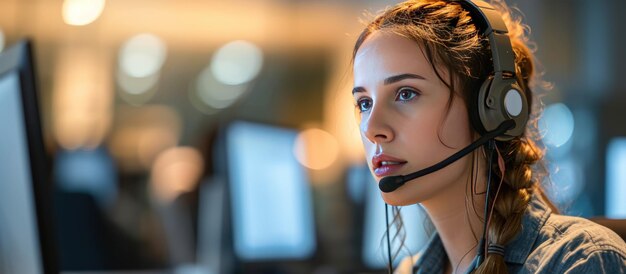Ritratto di un servizio clienti femminile con computer e cuffie al call center di un ufficio generato dall'AI