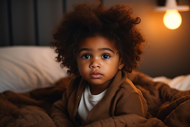 Ritratto di un simpatico bambino afroamericano che guarda la macchina fotografica mentre giaceva a letto a casa