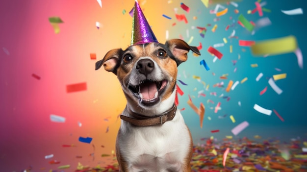 Ritratto di un simpatico cane che indossa un cappello da festa per la festa di compleanno