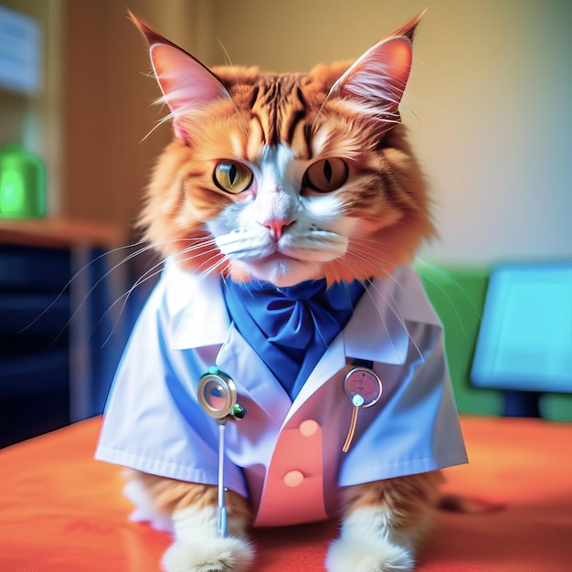 Ritratto di un simpatico gatto in uno stetoscopio in abiti medici un gatto medico in una clinica veterinaria veterinario per gatti