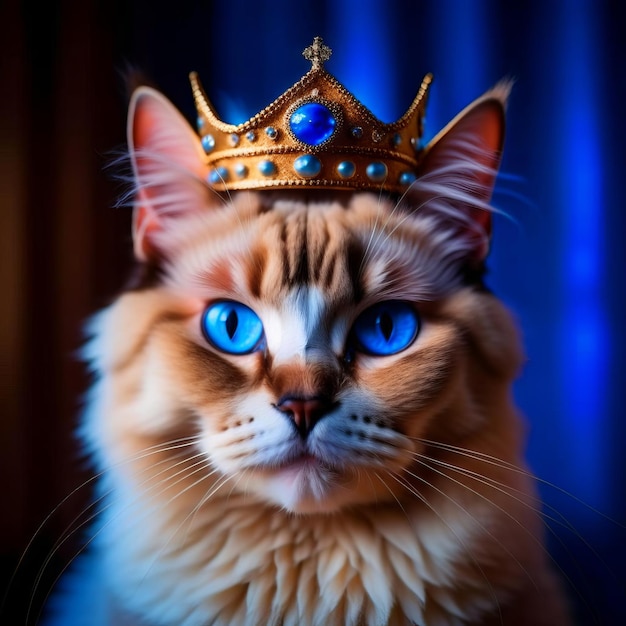 Ritratto di un simpatico gatto ragdoll in una corona reale