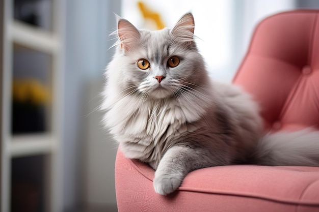 ritratto di un soffice gatto grigio seduto su un divano nel soggiorno sfondo sfocato