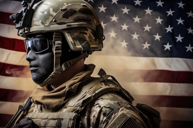 Ritratto di un soldato in uniforme militare e occhiali di protezione sfondo bandiera americana Un soldato che indossa un casco moderno e attrezzature vista laterale bandiera americana sullo sfondo AI generato