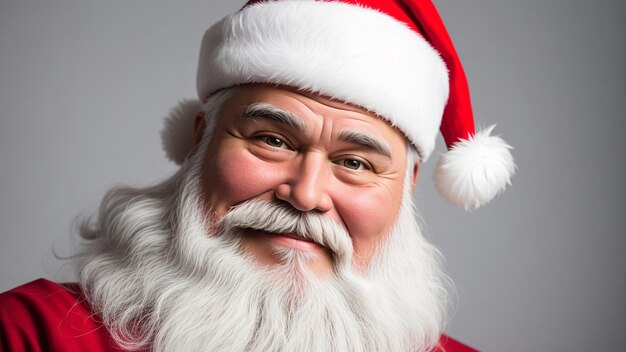 Ritratto di un sorridente Babbo Natale con cappello e lunga barba bianca che guarda la telecamera contro un buio