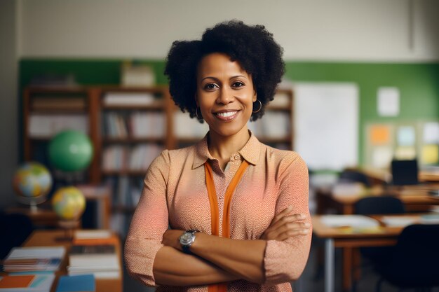 Ritratto di un sorridente e orgoglioso insegnante afroamericano che guarda la telecamera sorridendo e incrociando le braccia