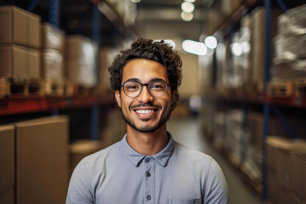 Ritratto di un sorridente operaio di magazzino afroamericano in piedi nel magazzino AI generativa