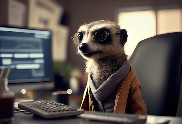 Ritratto di un suricato antropomorfo come sviluppatore nell'ufficio Genera Ai