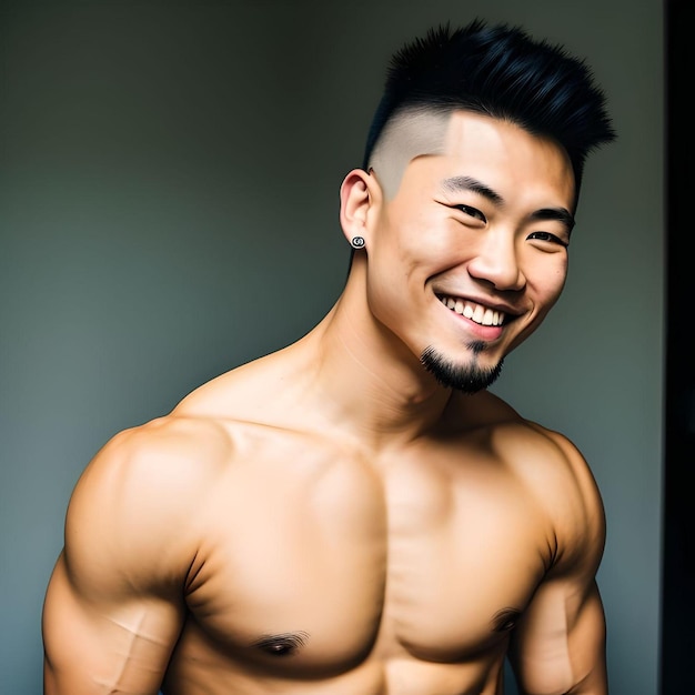 Ritratto di un tizio asiatico con i capelli alla moda e il corpo muscoloso che sorride con gli orecchini