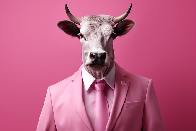 Ritratto di un toro in un vestito da uomo d'affari e cravatta su uno sfondo isolato