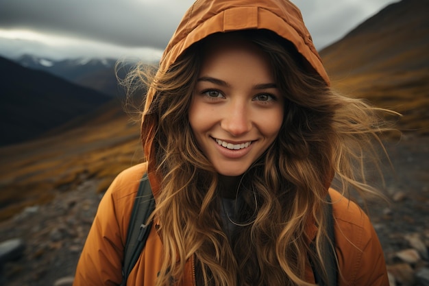 ritratto di un turista felice della giovane donna che fa un'escursione in montagna in autunno